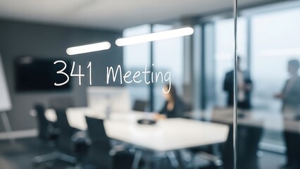 A modern office meeting room viewed through a glass partition with room number 341 written on it