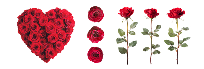 Collection set of red roses flowers including a heart isolated on transparent or white background, valentine's day or wedding flowers love wreath, png
