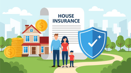 A family stands protected by a blue shield and a massive house insurance document, ensuring their home and wealth remain safe against the backdrop of a sunny suburban landscape and gold coin stacks