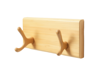 Close-up shot of a wooden coat rack with hooks and details