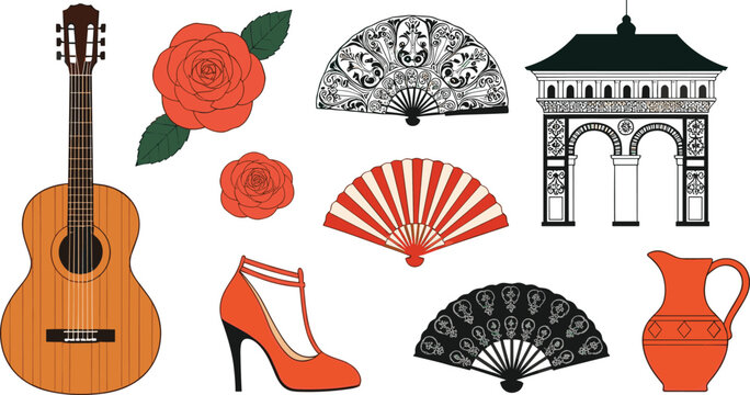 Collection of traditional Spanish cultural icons including classical guitar flamenco hand fans red high heel shoe and Mediterranean architecture isolated on white.