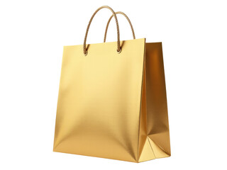 A golden shopping bag sitting on a white surface
