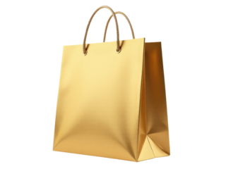 A golden shopping bag sitting on a white surface