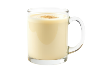 A warm and inviting glass of milk with a cinnamon sprinkle on top, perfect for a cozy morning or afternoon treat