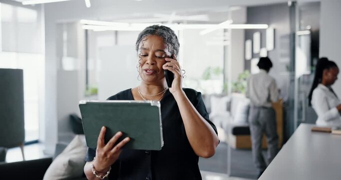 Phone call, speaking or happy woman with tablet in office, reading budget report or verify transaction. Tech, review bank invoice or mature accountant with confirmation, account check or discussion