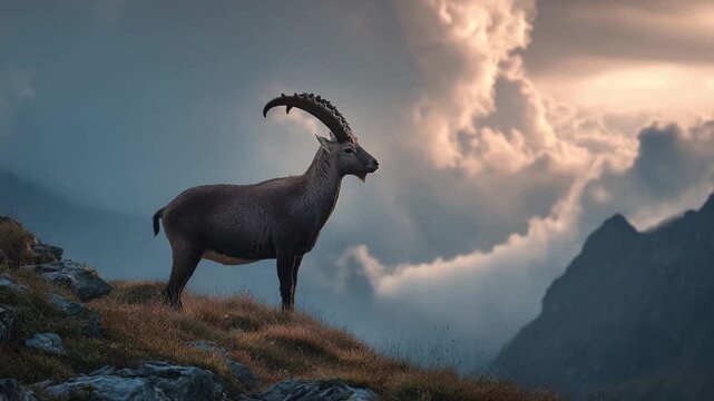 Alpine Ibex Standing on Mountain Ridge Under Dramatic Cloudy Sky