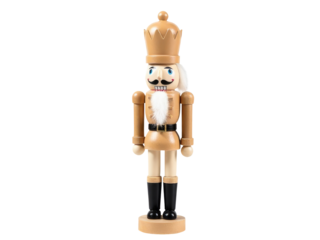A traditional wooden nutcracker with a crown on top, perfect for use as a decorative piece or prop in scenes about winter, holiday, or fairy tale settings