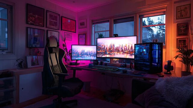 Modern Gaming and Workstation Setup with Dual Monitors and RGB Lighting