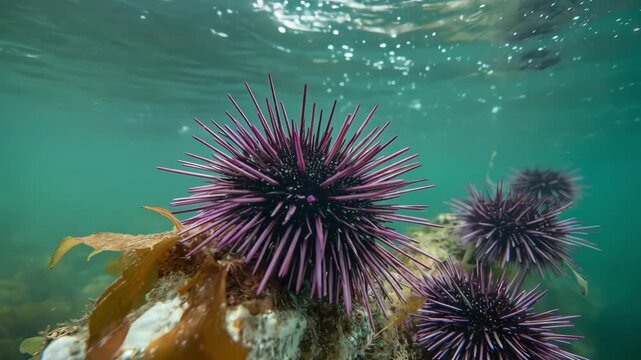 Medium shot capturing sea urchins thriving on natural ocean substrates within an open water aquaculture system illustrating ecofriendly marine farming.