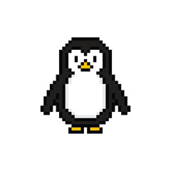 Naklejka premium pixel art penguin 8 bit vector icon for computer game logo