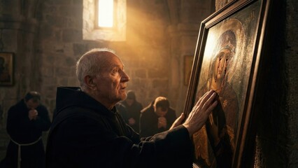 Elderly monk reverently touching ancient icon of Virgin Mary in sunlit stone monastery chapel. Spiritual devotion amid historical religious interior