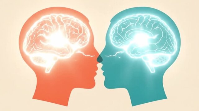 Two head silhouettes face each other, their brains illuminated, showing growing electrical activity. Represents connection, intellect, empathy, transfer