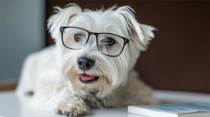 White terrier dog wearing glasses relaxing indoors