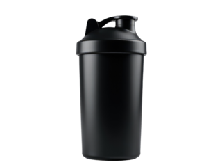 A close-up of a black shaker bottle with a black lid
