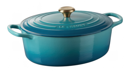 Teal Le Creuset Dutch oven with bronze knob cookware isolated on a transparent background