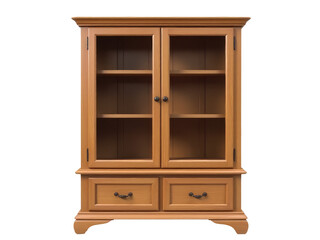 A wooden cabinet with glass doors and drawers for storage and display