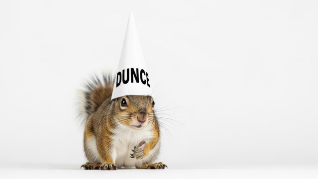 squirrel wearing a dunce cap hat, dim, dumb, stupid, on a white background, animal photo