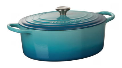 Teal Le Creuset Dutch oven with silver knob cookware isolated on a transparent background
