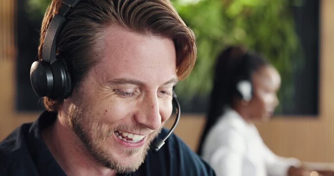 Call center, support or man in office with headset, lead generation or outbound contact in crm management. Telemarketing, coworking or agent with tech, customer service or feedback in help desk