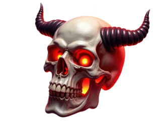 Close-up of a skull with horned protrusions, suitable for fantasy or horror themes