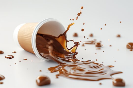 Coffee spills from cup onto table creating splashes and puddles of liquid
