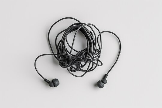 Wired black earbuds are tangled on a gray background with clear sound quality and comfortable fit for music lovers and listeners