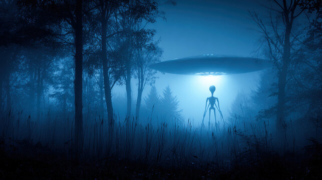 Dark misty forest clearing illuminated by eerie cold light from a flying saucer with an alien. Extraterrestrial encounter concept.