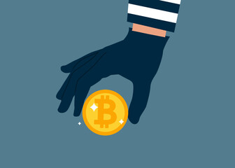 Thief stealing bitcoin, burglar hand with money. Fraud and failure business. Modern vector illustration in flat style