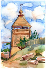 Watercolor painting of an old wooden tower with a cross on top, surrounded by greenery under a bright blue sky with clouds