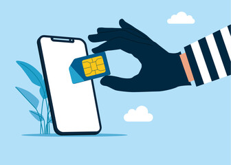 Thief mobile sim card , burglar hand with microcircuit. Modern vector illustration in flat style