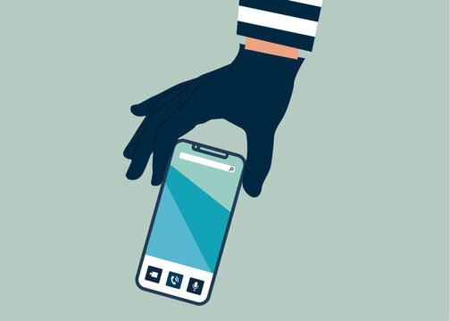 Thief stealing cellphone, burglar hand with smartphone to steal money, personal information. Modern vector illustration in flat style