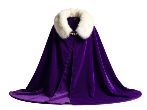 A luxurious purple cloak with a soft white fur collar, perfect for medieval or fantasy settings
