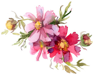 Watercolor painting of pink and red wildflowers with green leaves on a white background. Elegant floral composition in delicate, soft tones