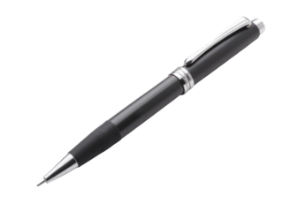 A close-up of a black pen with a silver tip sitting on a white background