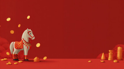 Minimal flat style Chinese New Year scene featuring a horse with golden coins. Traditional holiday banner background for celebration.