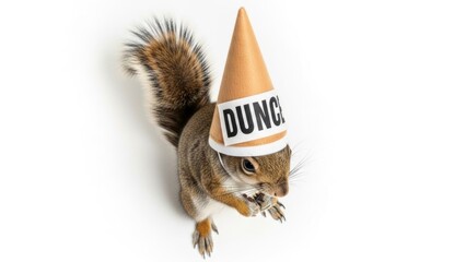 squirrel wearing a dunce cap hat, dim, dumb, stupid, on a white background, animal photo