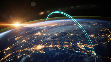 Globe with glowing network connection arc over North America at sunrise