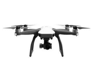 Black and white image of a quadcopter in flight, capturing a bird's eye view