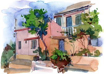 Watercolor painting of cozy Mediterranean houses with trees and shadows on a sunny street, capturing warm tones and relaxed atmosphere