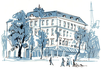 Expressive ink and watercolor sketch of a classic city building with trees and pedestrians, capturing lively urban atmosphere in soft blue tones