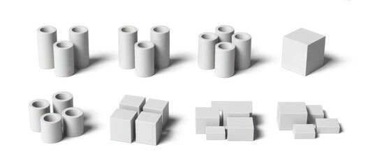 3D rendered white geometric shapes with cylinders and cubes isolated on white background
