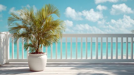 Obraz premium Tropical Palm Tree on a Balcony Overlooking the Ocean.