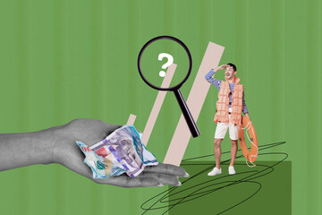 Photo collage trend of target trader graphics stats charts research man wear lifesaver ring hand hold economy dollars trade savings money