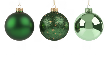 Three green Christmas tree ornaments hanging on strings Christmas ornaments tree decorations isolated on a transparent background