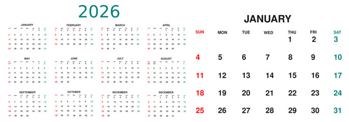 Monthly calendar layout for 2026 year. Diary planner for 2026 year. Week Starts on Sunday.