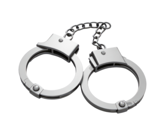 A pair of metal handcuffs on a clean white surface, ideal for use in law enforcement or police theme illustrations