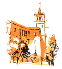 Ink and marker sketch of a city church tower and curved building facade in warm orange tones, drawn in expressive urban style