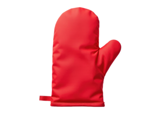 A bright red oven mitt on a white background, perfect for use in kitchen or food photography