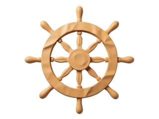 A classic wooden ship wheel on a white background