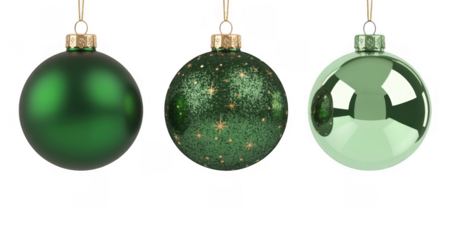 Three green Christmas tree ornaments hanging on strings Christmas ornaments tree decorations isolated on a transparent background - Powered by Adobe